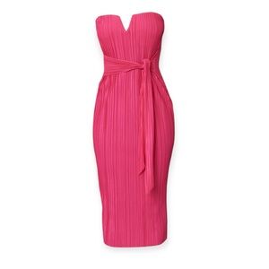 Hot Pink Plisse V Bar Tie Waist Midi Dress